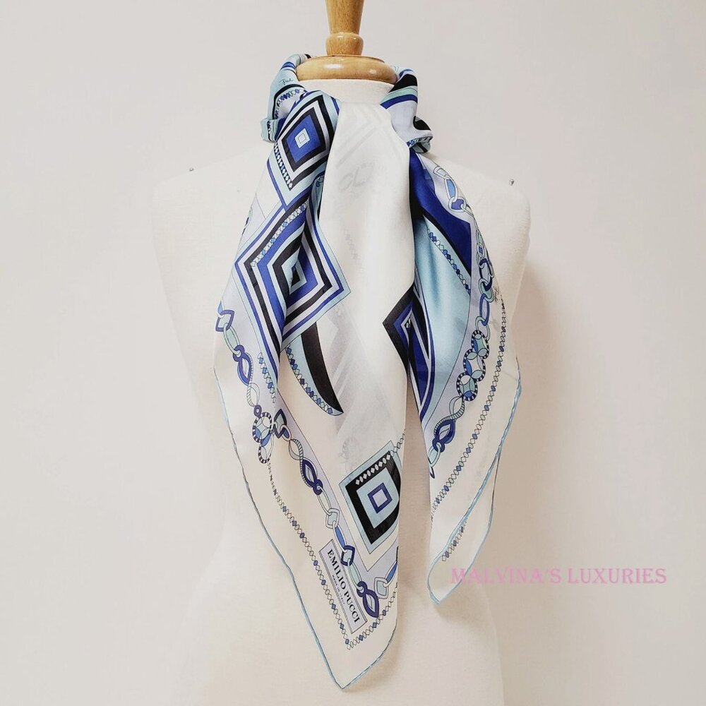 EMILIO PUCCI SCARF PRINT CHIFFON SILK SIGNATURE LOGO SQUARE SCARF 34" - Picture 5 of 9